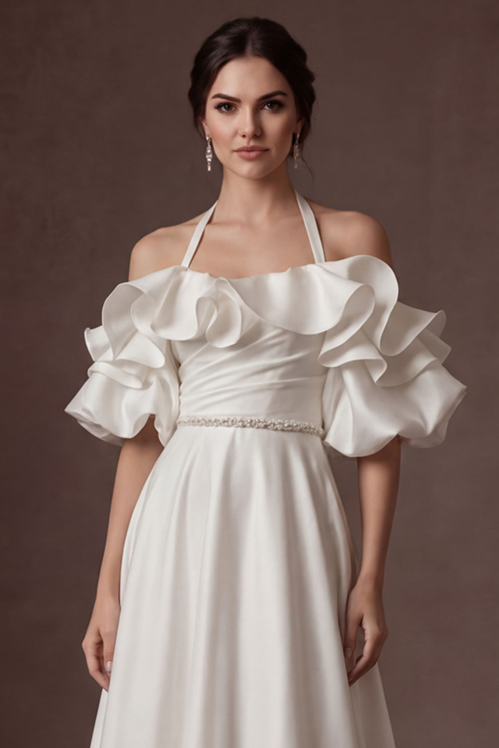 Halter Neck Ruffled A Line White Satin Long Wedding Dress
