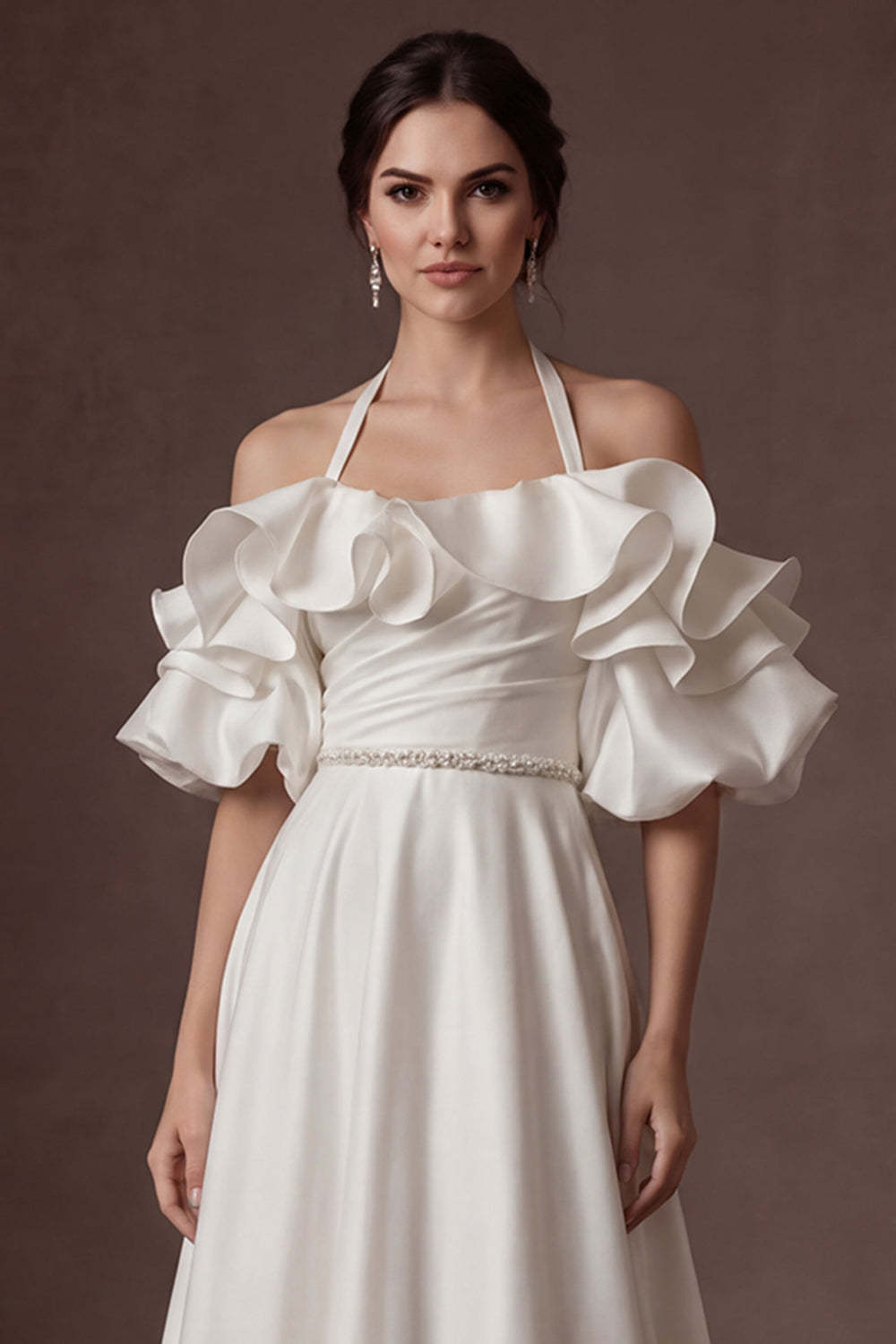Halter Neck Ruffled A Line White Satin Long Wedding Dress