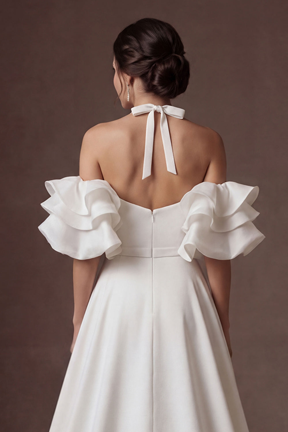 Halter Neck Ruffled A Line White Satin Long Wedding Dress