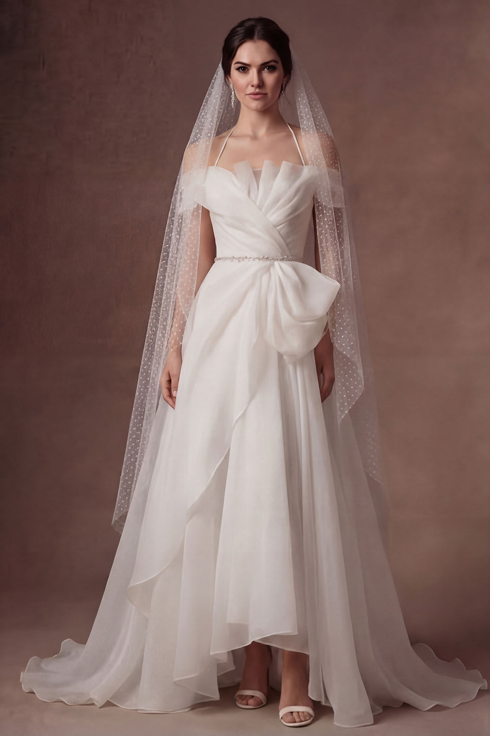 A Line Ruffled Strapless Backless Cold Shoulder Long Wedding Dress