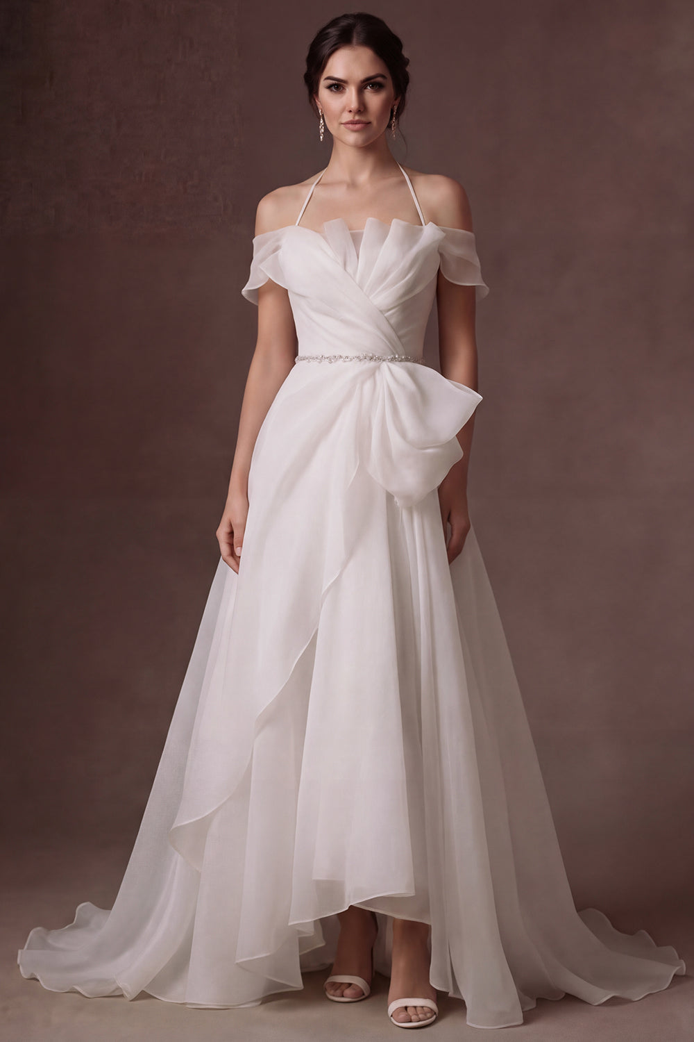 A Line Ruffled Strapless Backless Cold Shoulder Long Wedding Dress