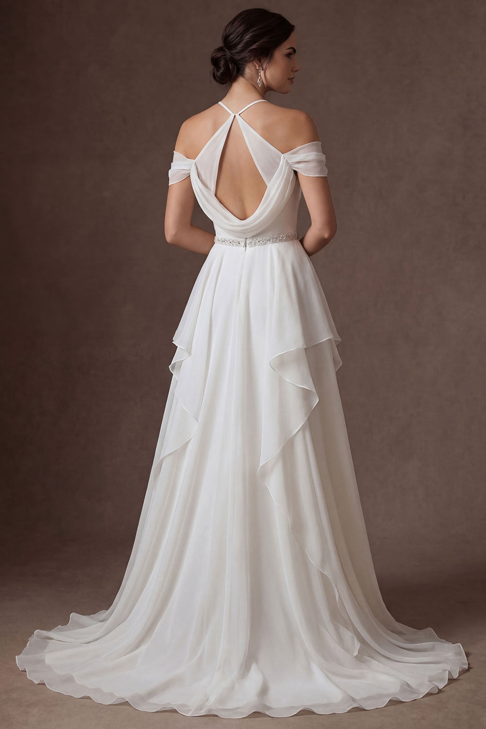 A Line Ruffled Strapless Backless Cold Shoulder Long Wedding Dress