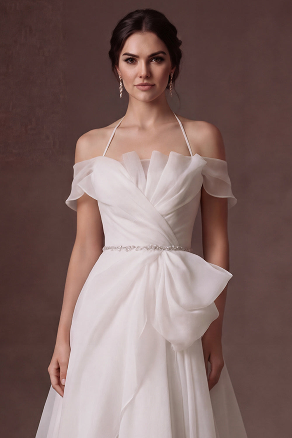 A Line Ruffled Strapless Backless Cold Shoulder Long Wedding Dress