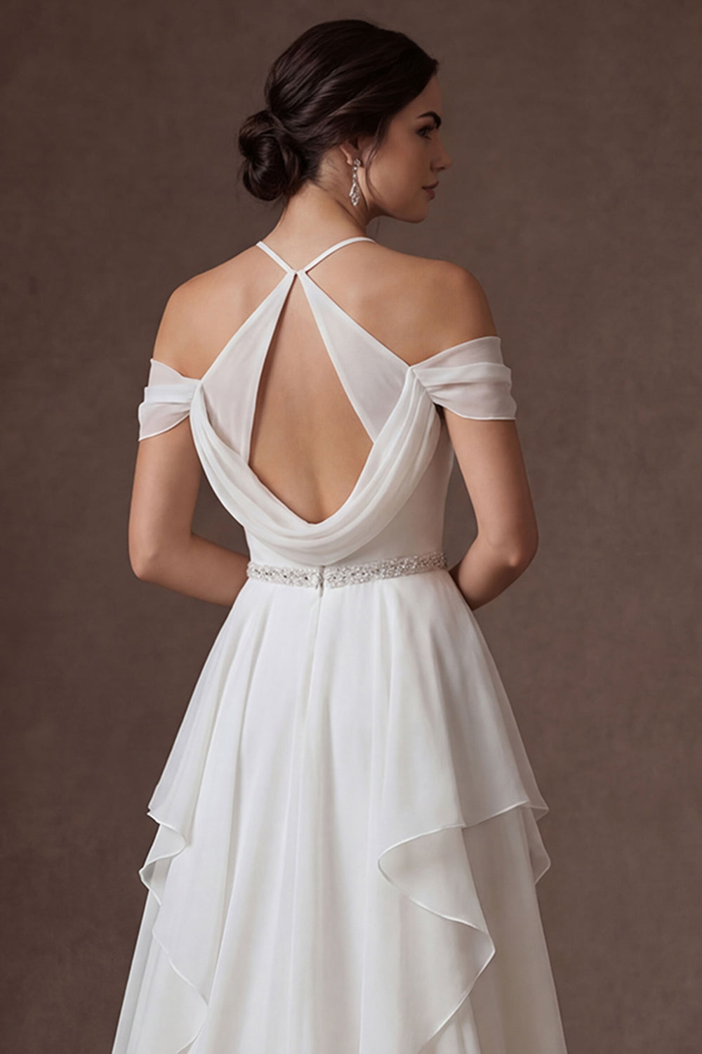 A Line Ruffled Strapless Backless Cold Shoulder Long Wedding Dress