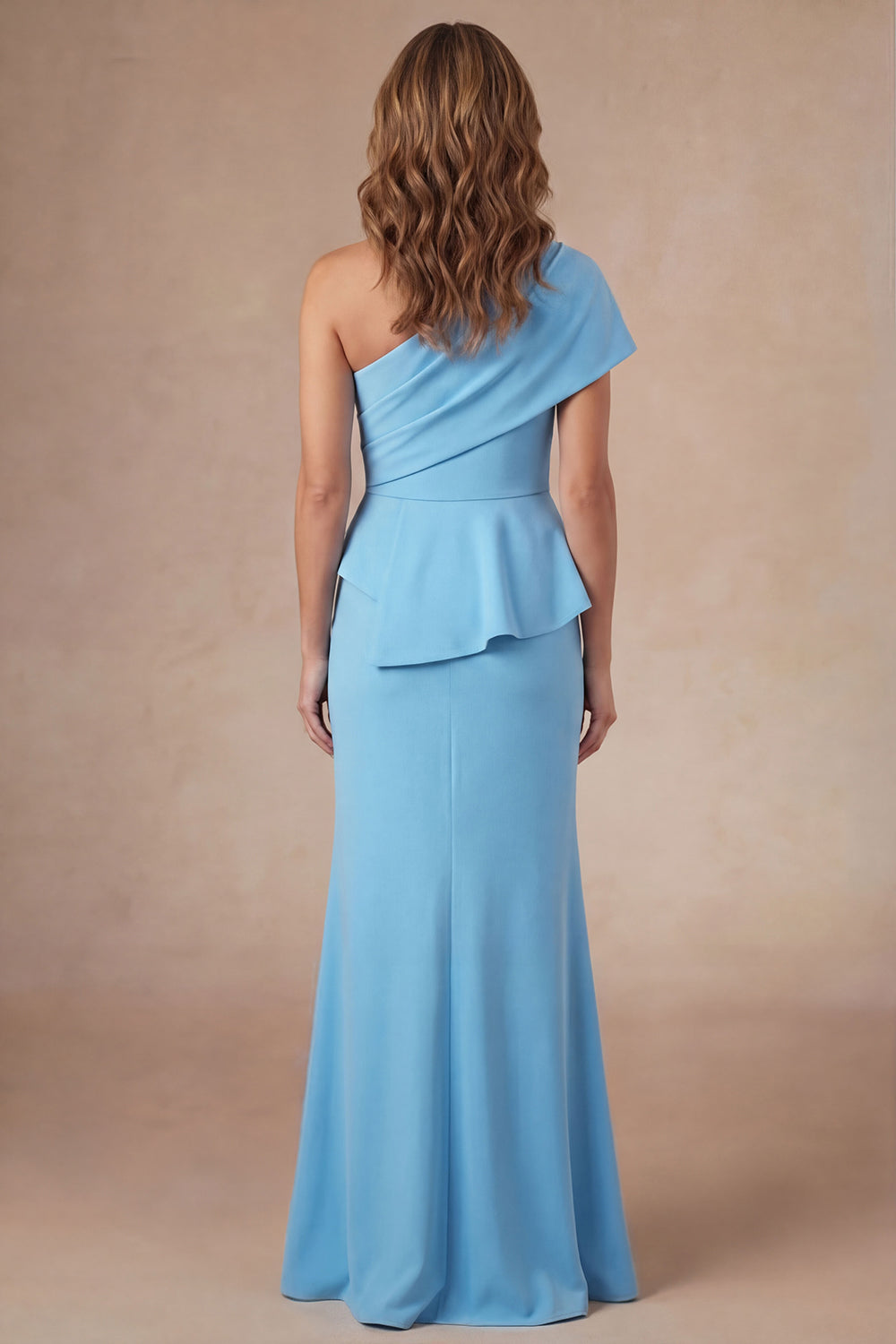 Sky Blue Beaded Sheath Satin One Shoulder Ruched Long Mother of the Bride Dress with Slit