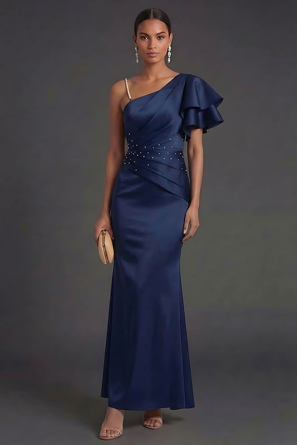 Navy One Shoulder Mermaid Long Formal Dress with Ruffles