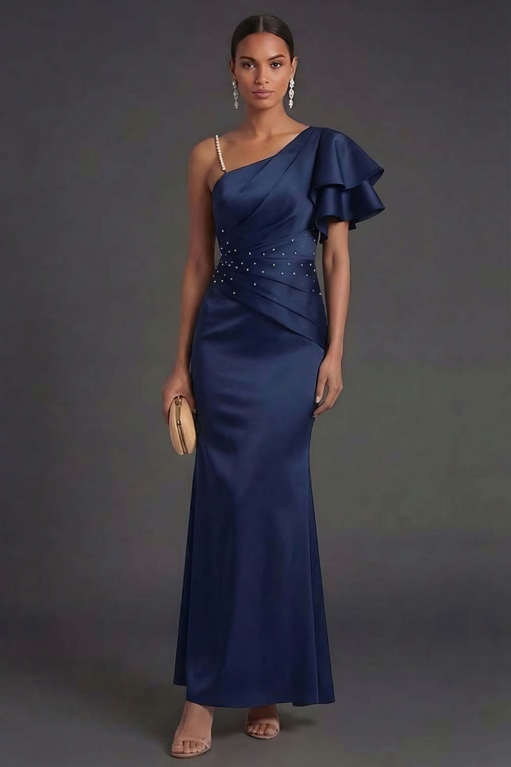 Leely Women Navy Mermaid Long Formal Dress Ruffled One Shoulder Evening Dress with Rhinestones