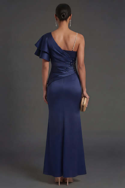 Navy One Shoulder Mermaid Long Formal Dress with Ruffles