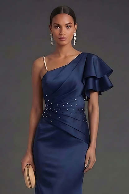Navy One Shoulder Mermaid Long Formal Dress with Ruffles
