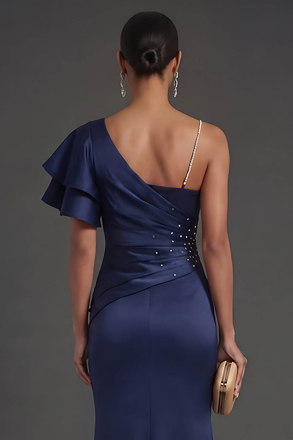 Navy One Shoulder Mermaid Long Formal Dress with Ruffles