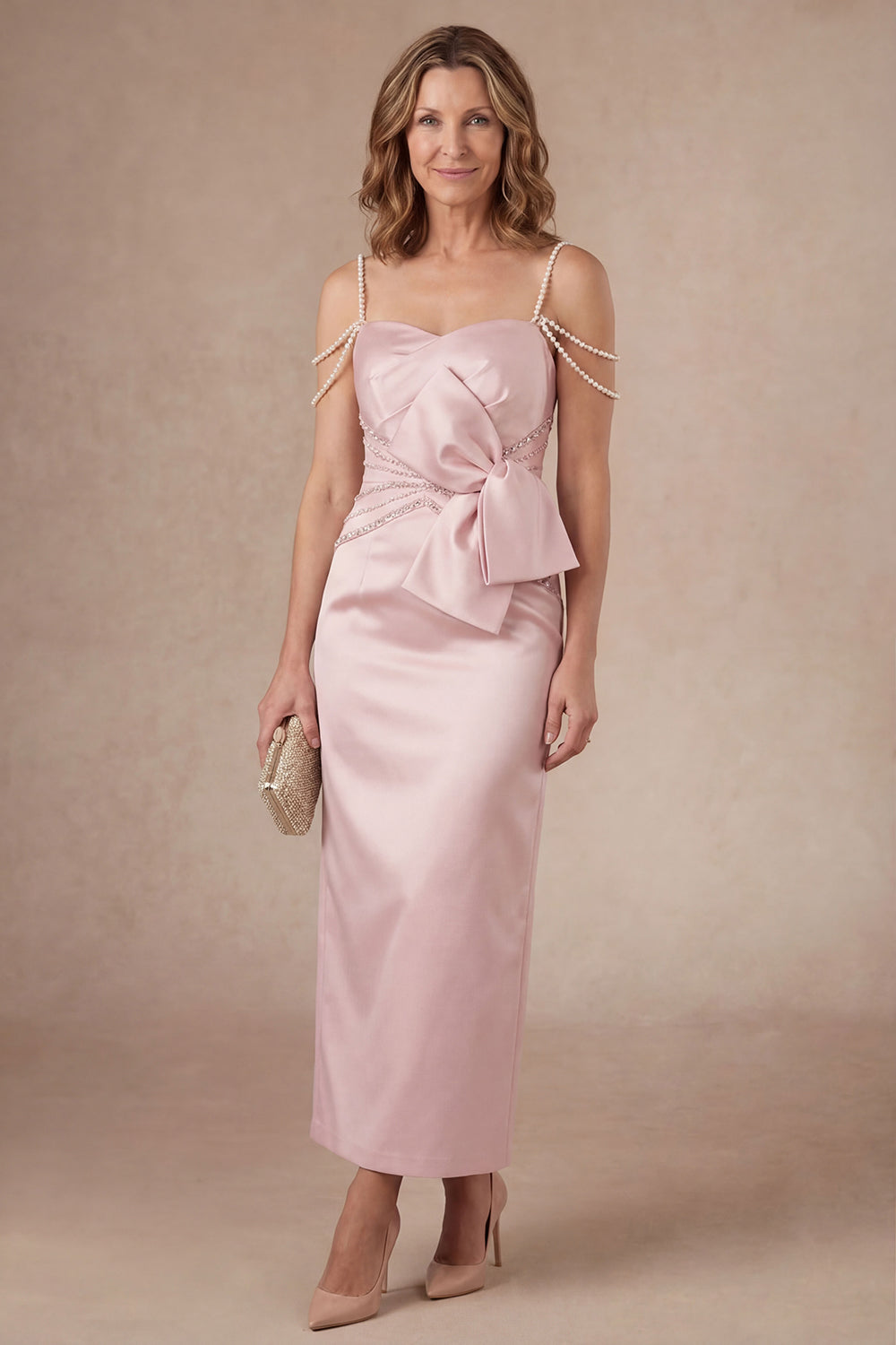 Cold Shoulder Blush Sheath Satin Midi Mother of the Bride Dress