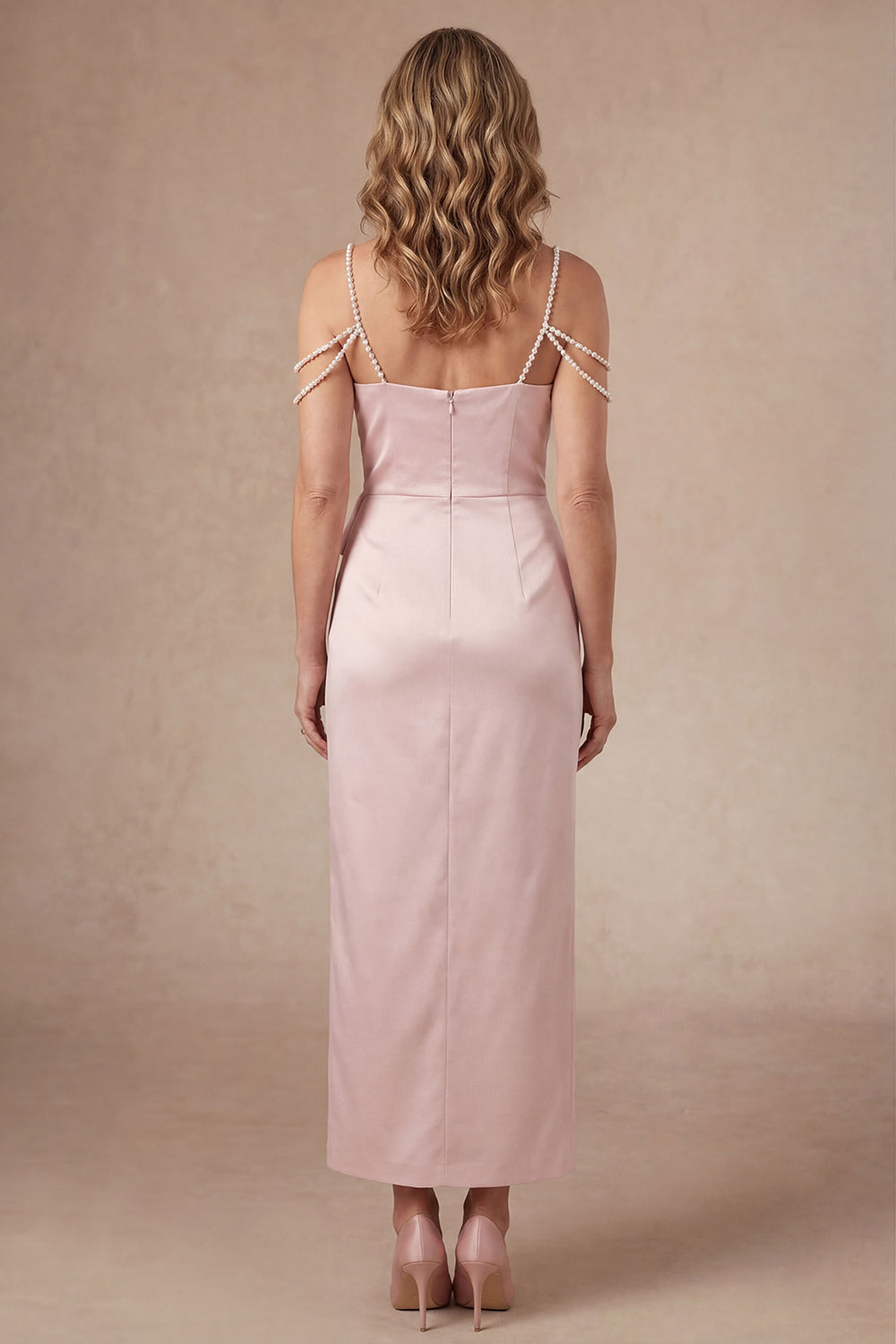Cold Shoulder Blush Sheath Satin Midi Mother of the Bride Dress