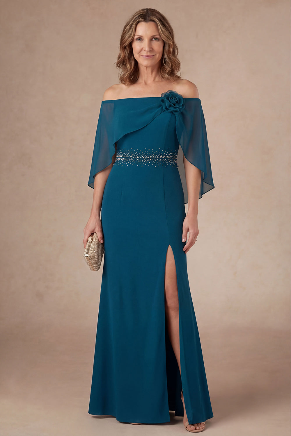 Off the Shoulder Peacock Blue Sheath Beaded Long Mother of the Bride Dress with Slit