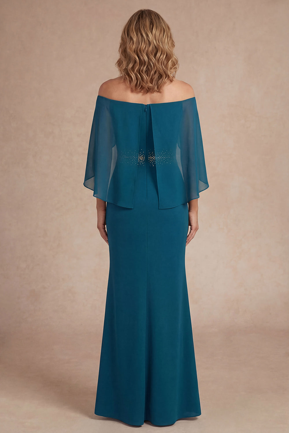 Off the Shoulder Peacock Blue Sheath Beaded Long Mother of the Bride Dress with Slit