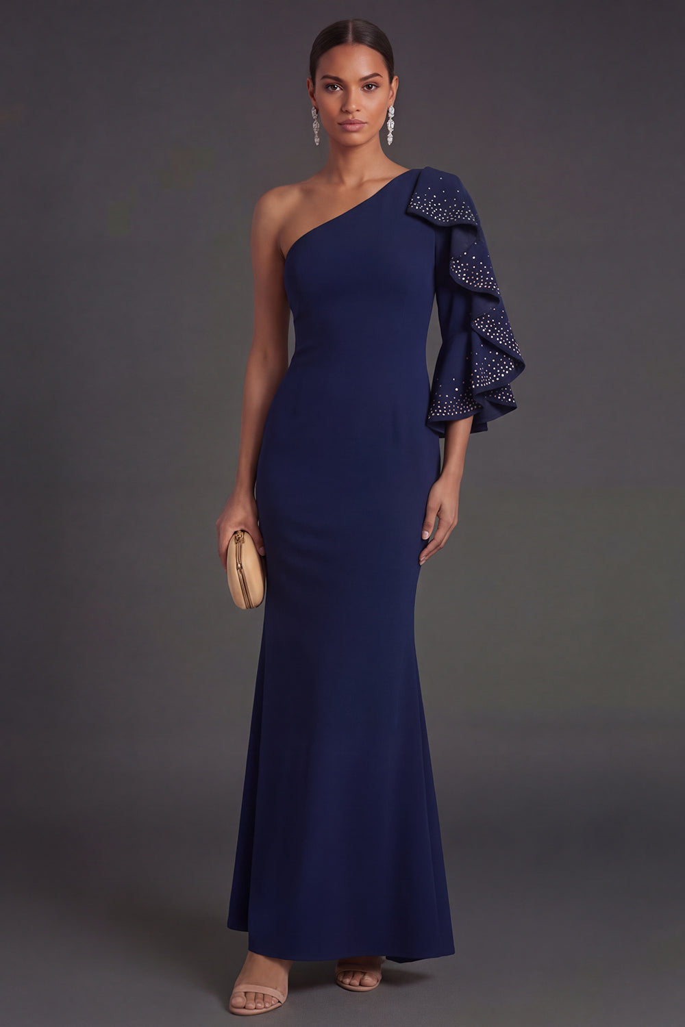 Navy One Shoulder Mermaid Ruffled Long Formal Dress with Rhinestones