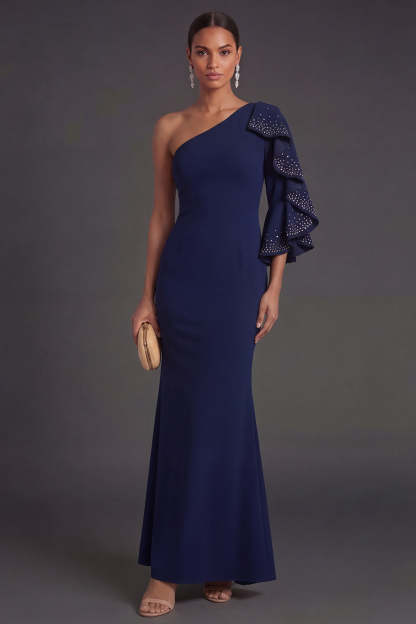 Leely Women Navy Mermaid Long Formal Dress with Ruffles One Shoulder Evening Dress with Rhinestones