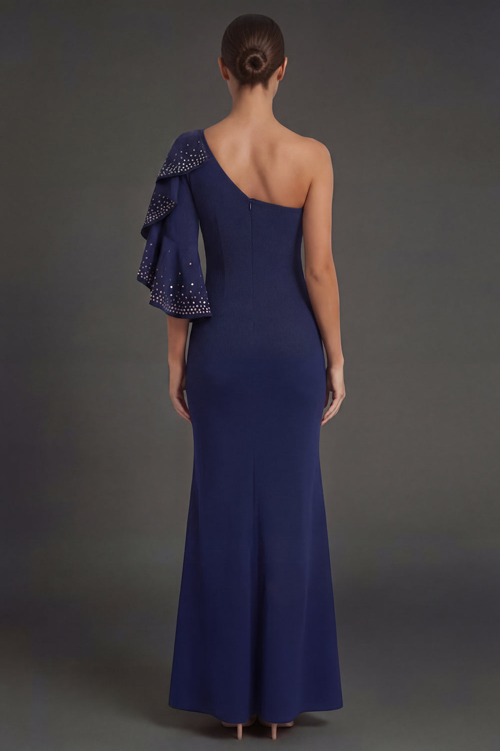 Navy One Shoulder Mermaid Ruffled Long Formal Dress with Rhinestones