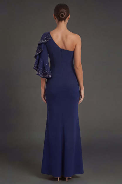 Navy One Shoulder Mermaid Ruffled Long Formal Dress with Rhinestones