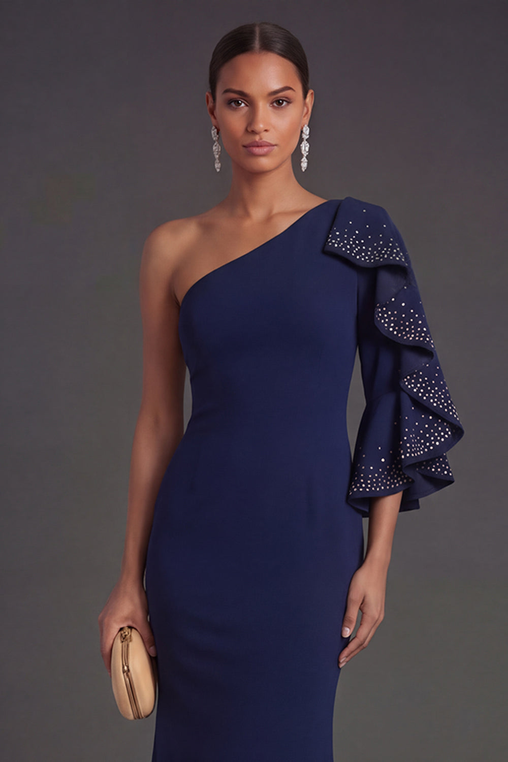 Navy One Shoulder Mermaid Ruffled Long Formal Dress with Rhinestones