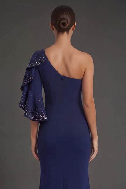 Navy One Shoulder Mermaid Ruffled Long Formal Dress with Rhinestones