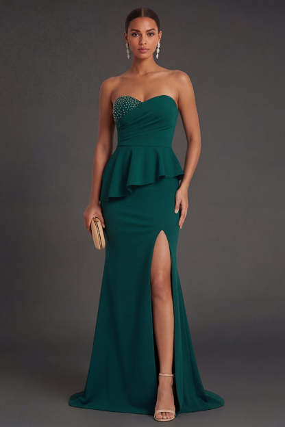 Leely Women Dark Green Mermaid Long Formal Dress with Slit Ruffled Sweetheart Evening Dress with Rhinestones