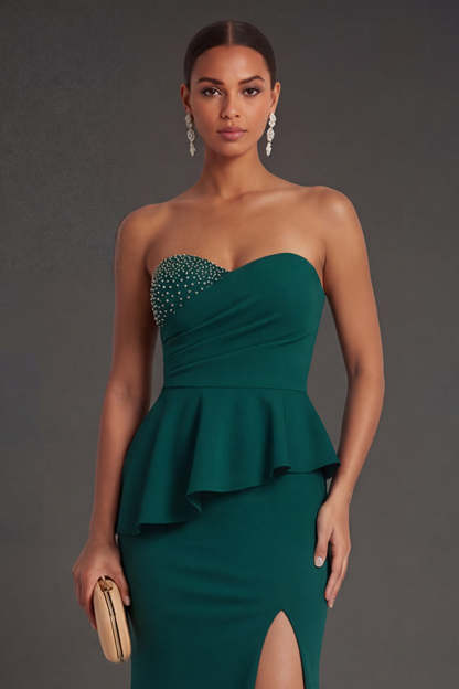 Dark Green Sweetheart Mermaid Ruffled Long Formal Dress with Slit