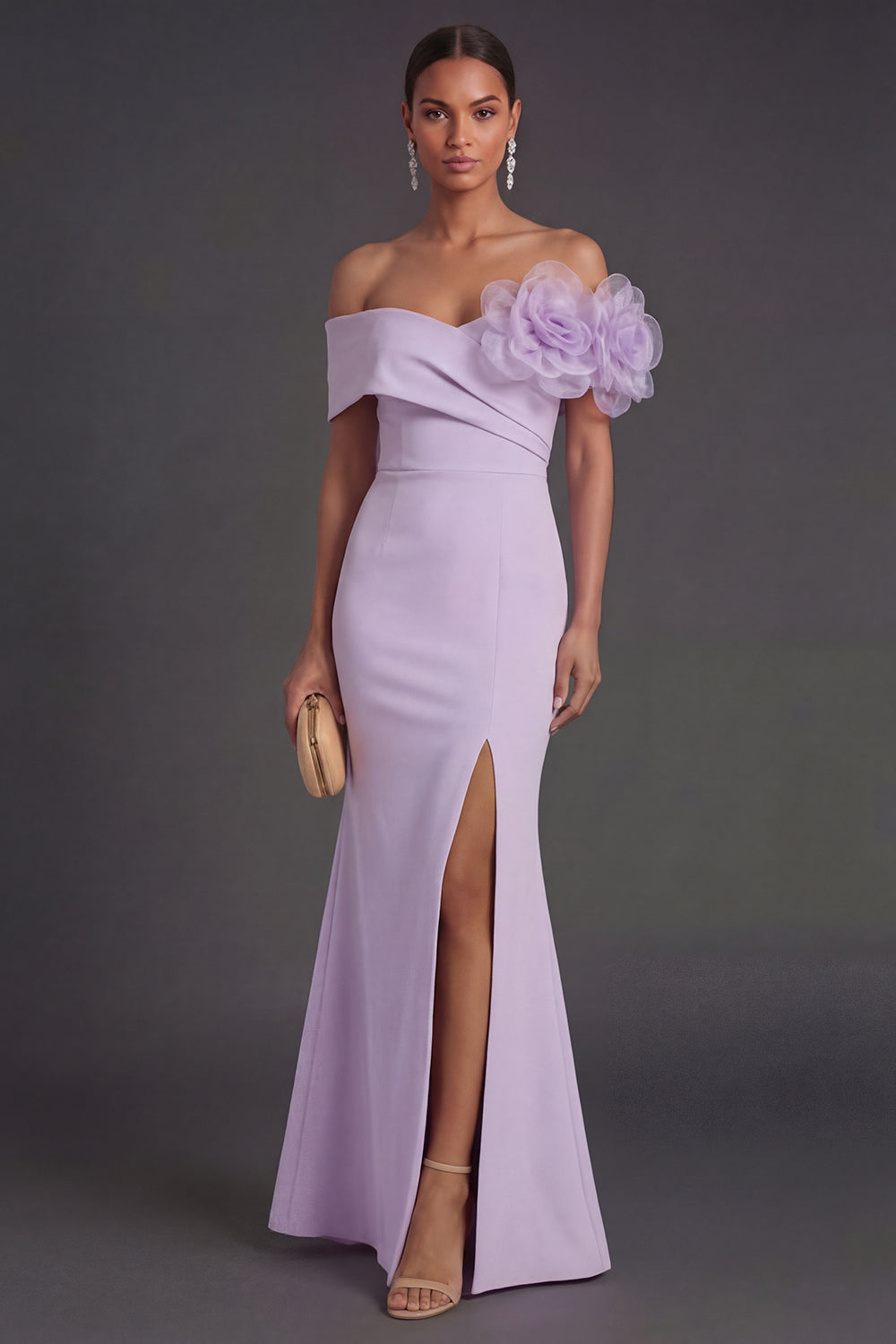 Lilac Off the Shoulder Mermaid Flower Long Formal Dress with Slit