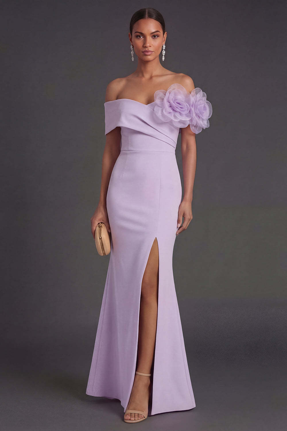 Leely Women Lilac Mermaid Long Formal Dress with Slit Off the Shoulder Evening Dress with Flower