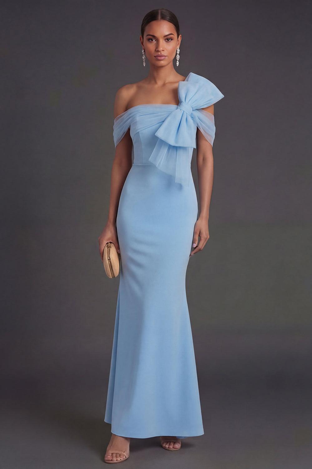 Leely Women Sky Blue Mermaid Long Formal Dress with Bow Off the Shoulder Evening Dress