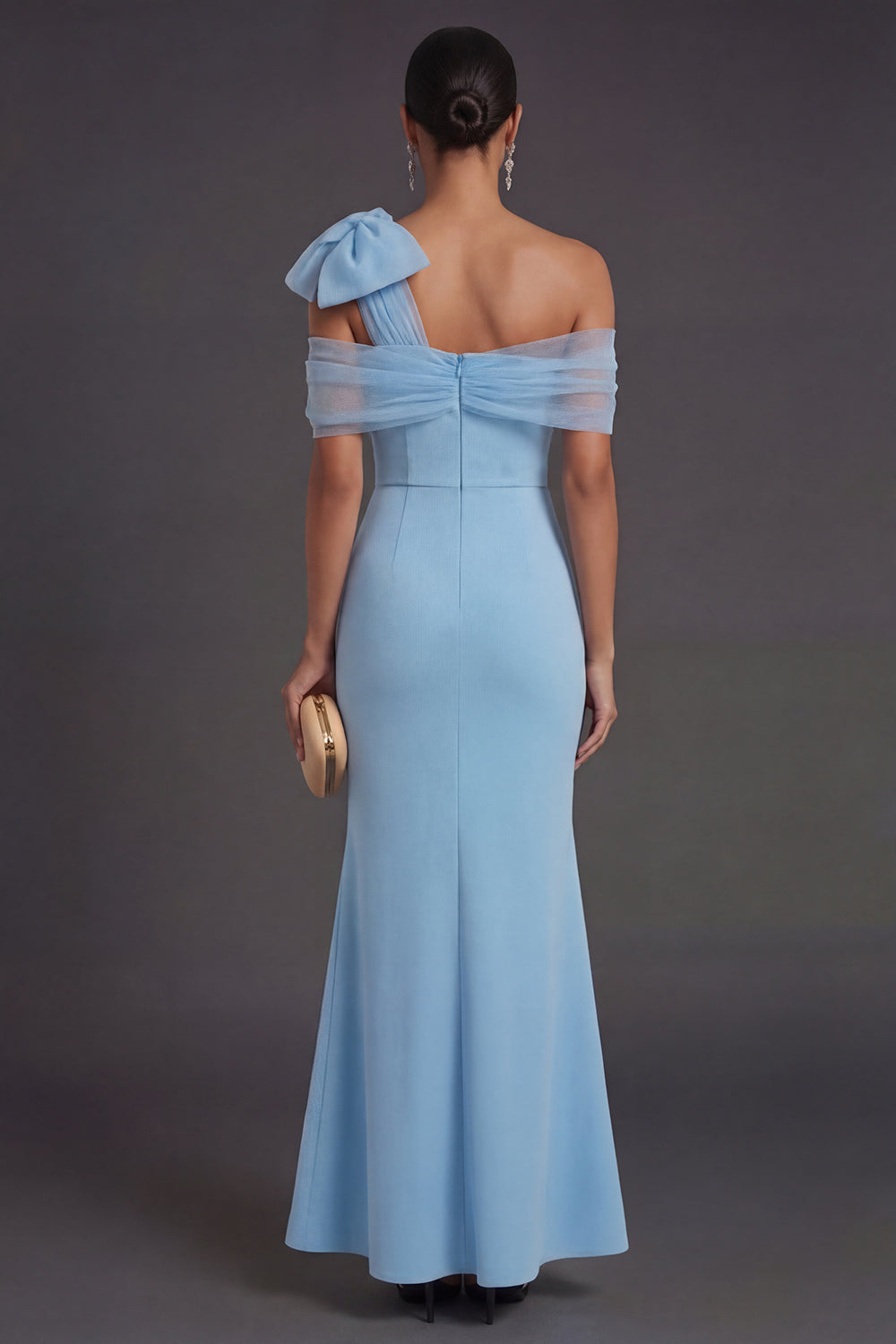 Sky Blue Off the Shoulder Mermaid Long Formal Dress with Bow