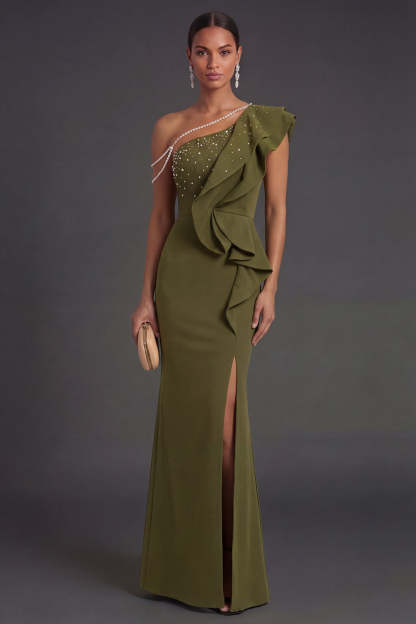 Leely Women Olive Mermaid Long Formal Dress with Slit One Shoulder Ruffled Evening Dress with Rhinestones