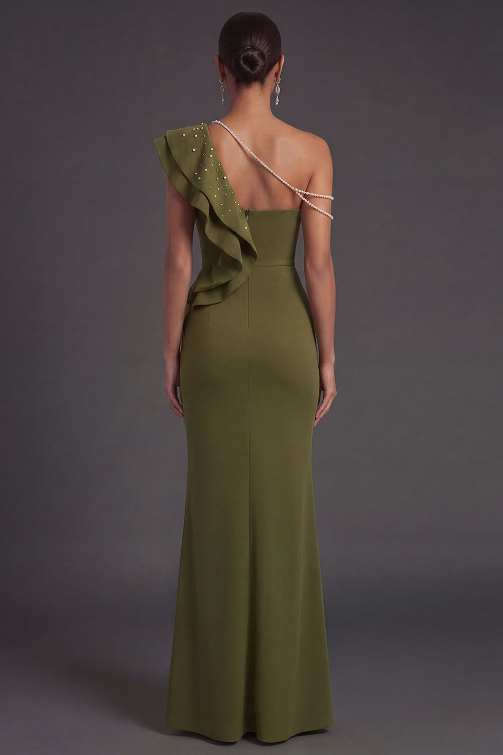 Olive Mermaid Ruffled One Shoulder Long Formal Dress with Slit