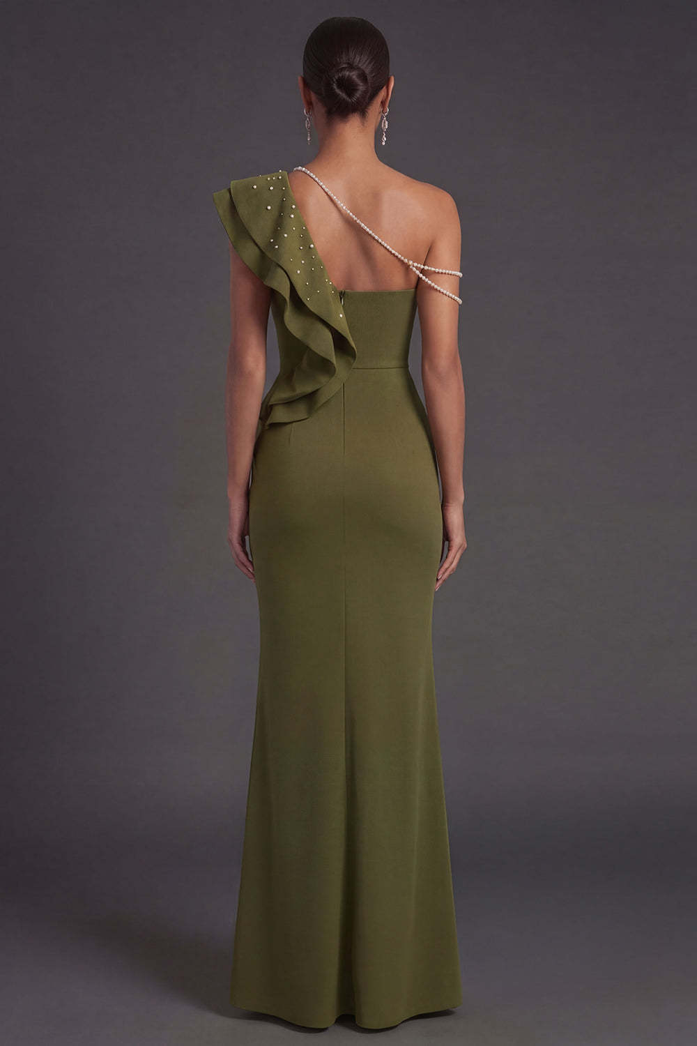 Olive Mermaid Ruffled One Shoulder Long Formal Dress with Slit