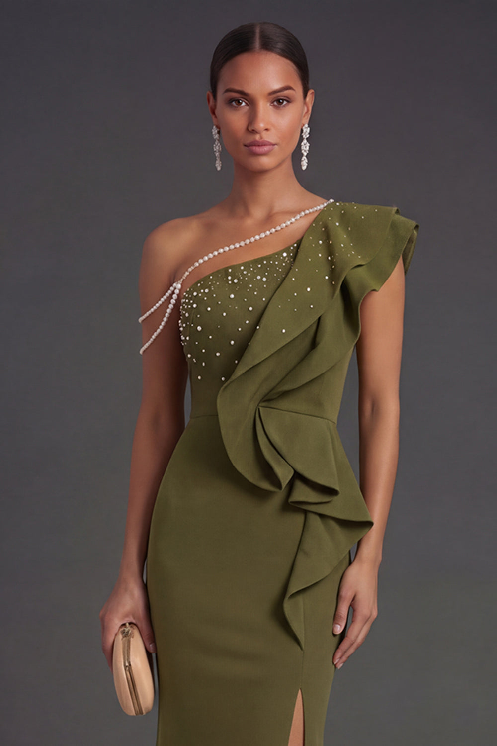 Olive Mermaid Ruffled One Shoulder Long Formal Dress with Slit