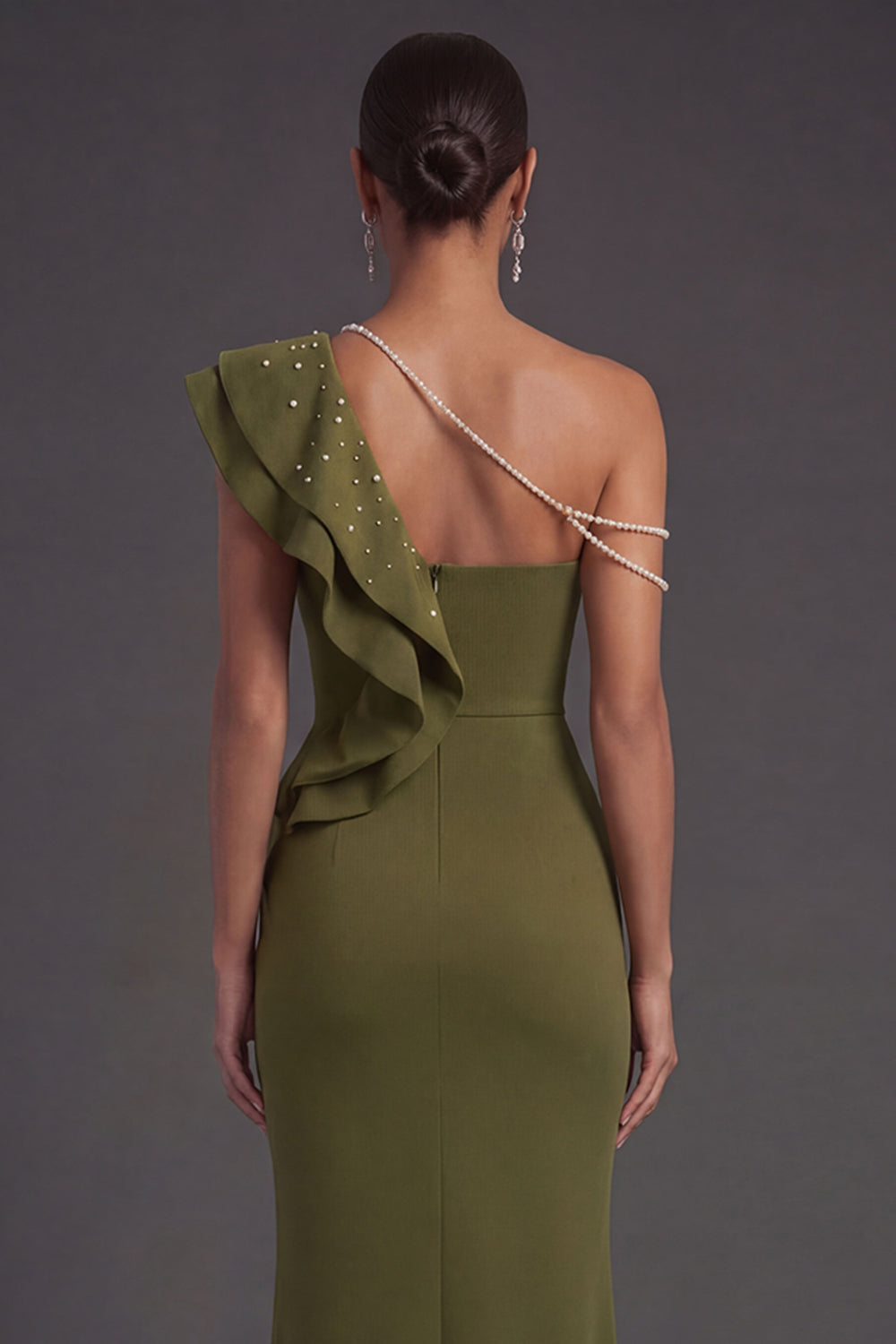 Olive Mermaid Ruffled One Shoulder Long Formal Dress with Slit