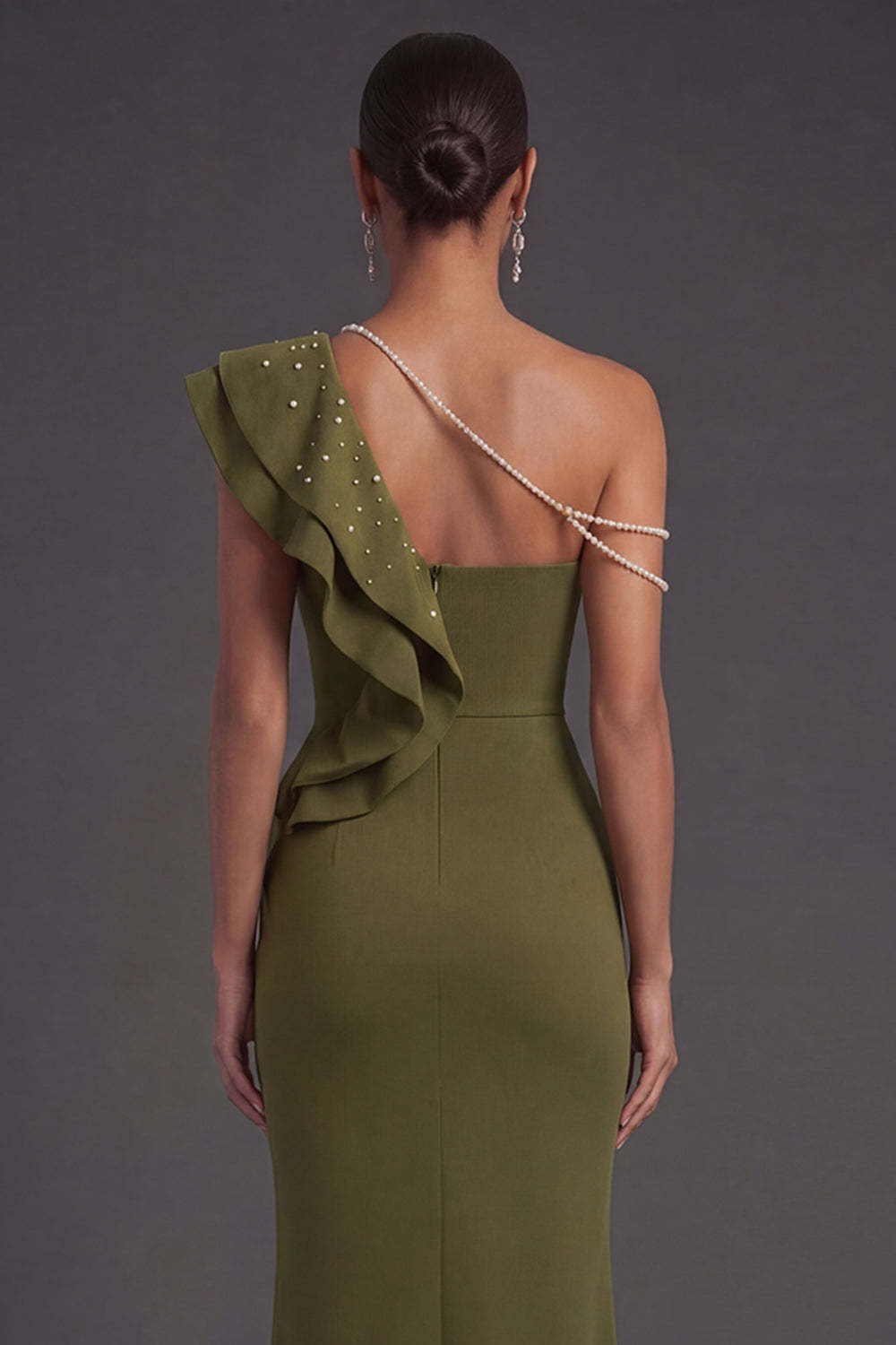 Olive Mermaid Ruffled One Shoulder Long Formal Dress with Slit