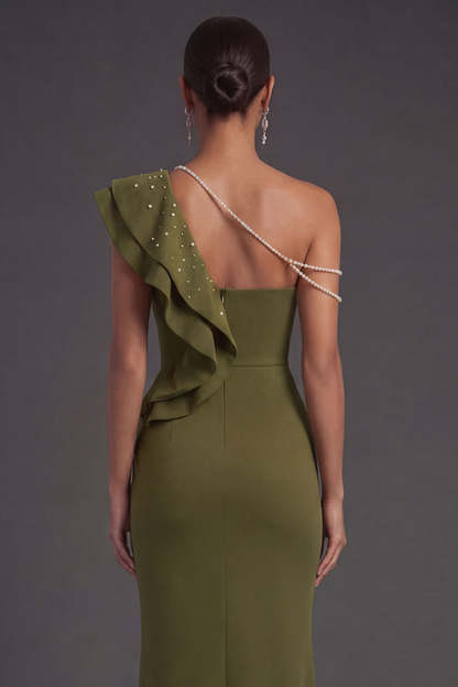 Olive Mermaid Ruffled One Shoulder Long Formal Dress with Slit