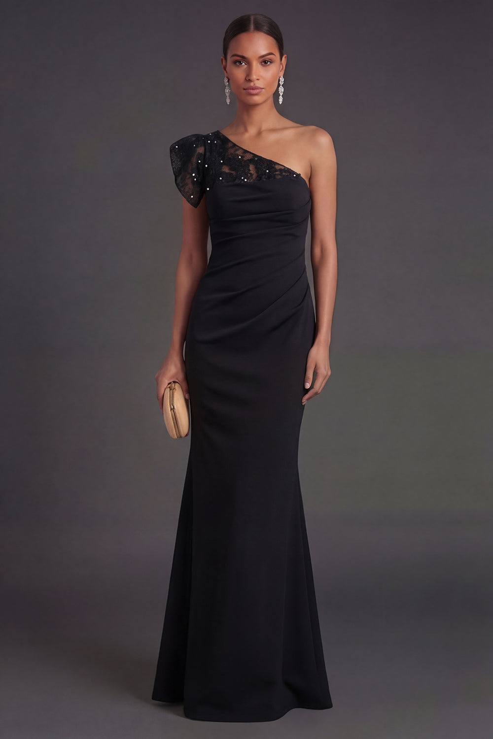 Leely Women Black Mermaid Long Formal Dress with Lace Applique One Shoulder Evening Dress with Rhinestones