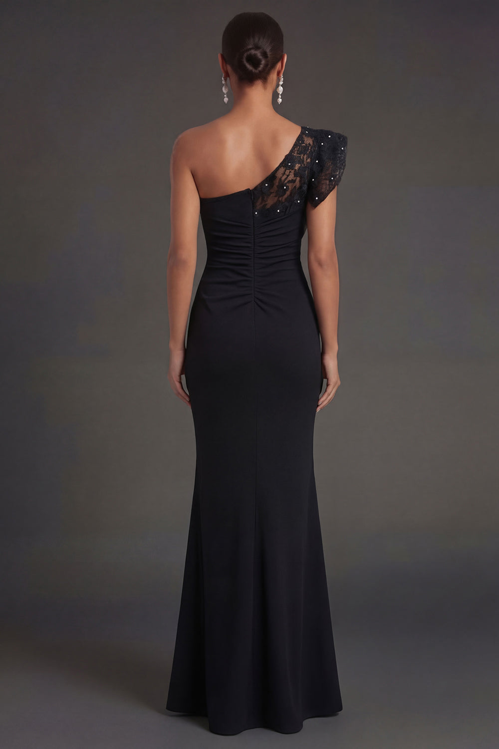 Black Mermaid One Shoulder Long Formal Dress with Lace Applique