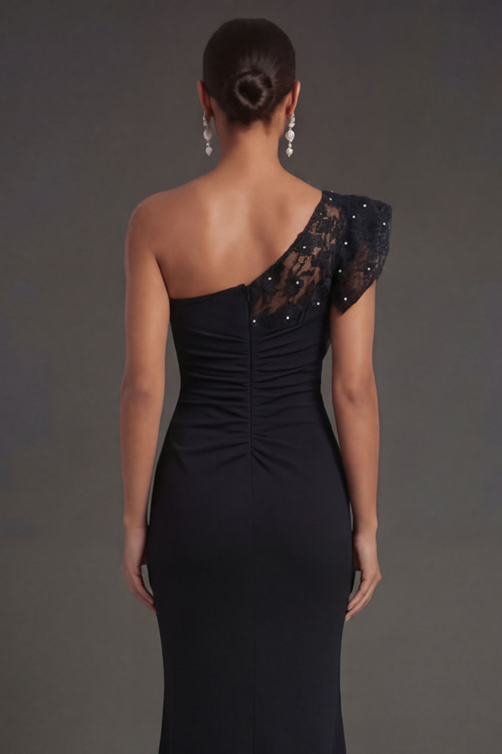 Black Mermaid One Shoulder Long Formal Dress with Lace Applique