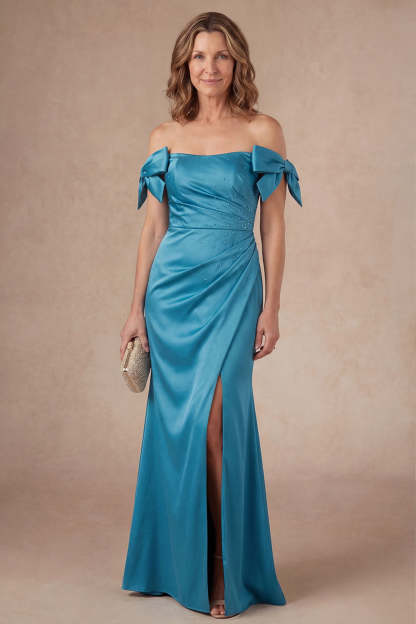 Leely Women Off the Shoulder Peacock Green Beaded Long Mother of the Bride Dress with Slit Ruched Backless Sleeveless Evening Dress