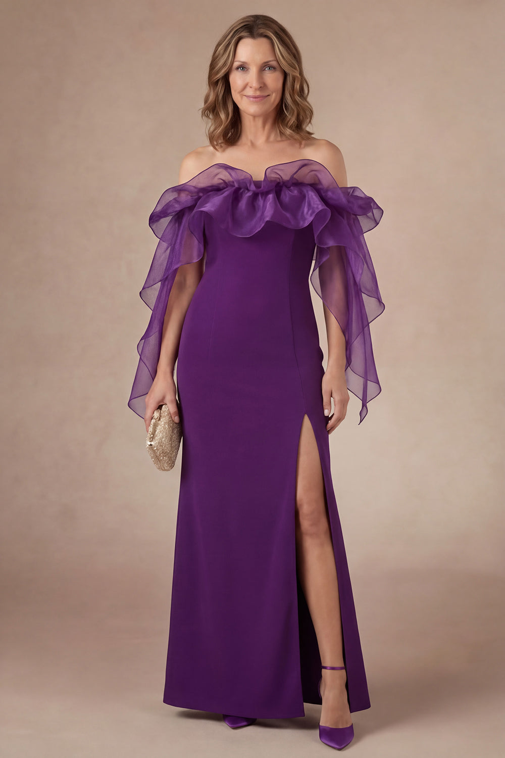 Leely Women Purple Off the Shoulder Sheath Long Mother of the Bride Dress with Slit Backless Sleeveless Ruffled Evening Dress