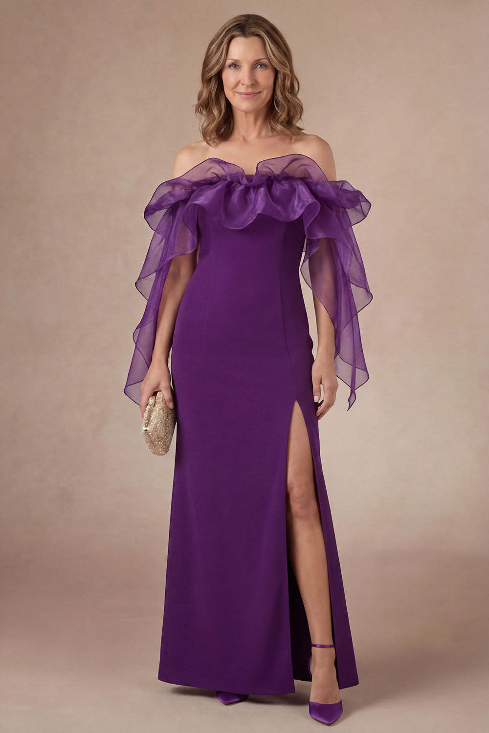 Leely Women Purple Off the Shoulder Sheath Long Mother of the Bride Dress with Slit Backless Sleeveless Ruffled Evening Dress
