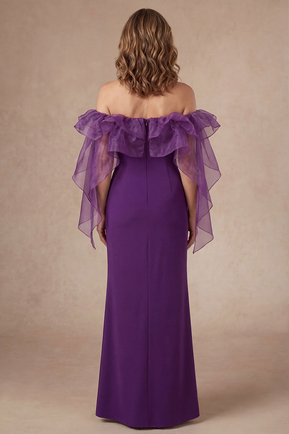 Purple Ruffled Off the Shoulder Sheath Long Mother of the Bride Dress