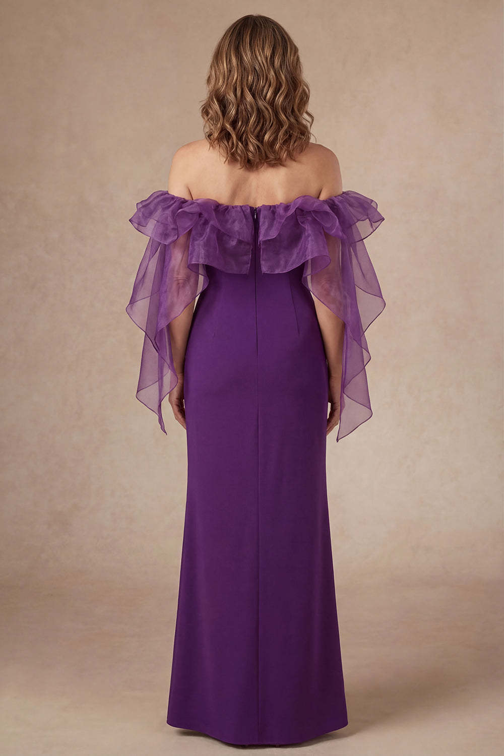 Purple Ruffled Off the Shoulder Sheath Long Mother of the Bride Dress