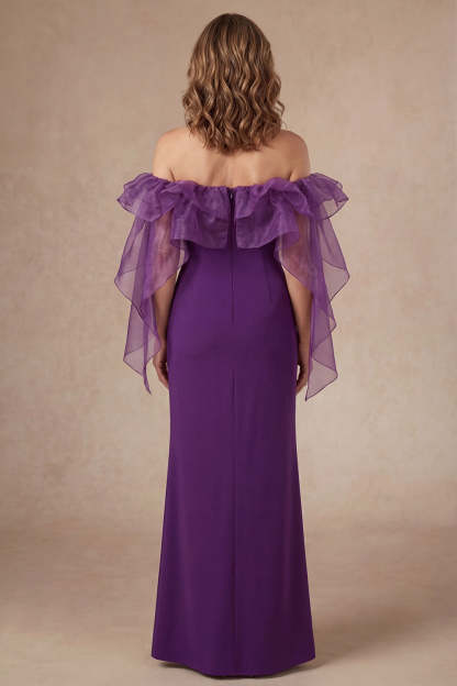 Purple Ruffled Off the Shoulder Sheath Long Mother of the Bride Dress