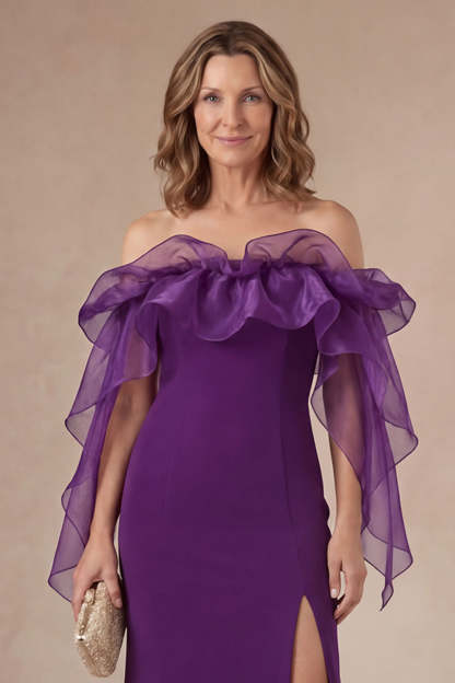 Purple Ruffled Off the Shoulder Sheath Long Mother of the Bride Dress