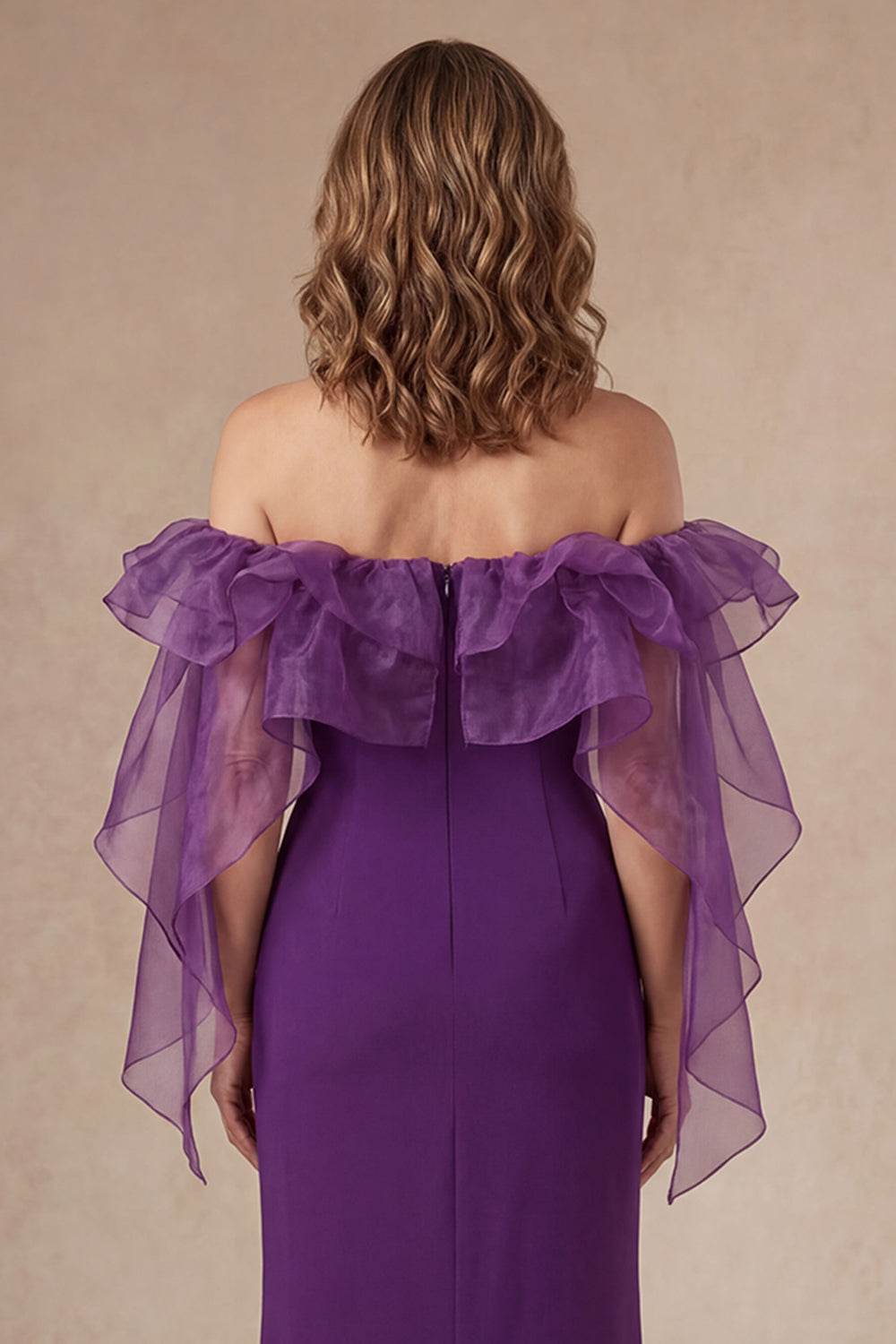 Purple Ruffled Off the Shoulder Sheath Long Mother of the Bride Dress