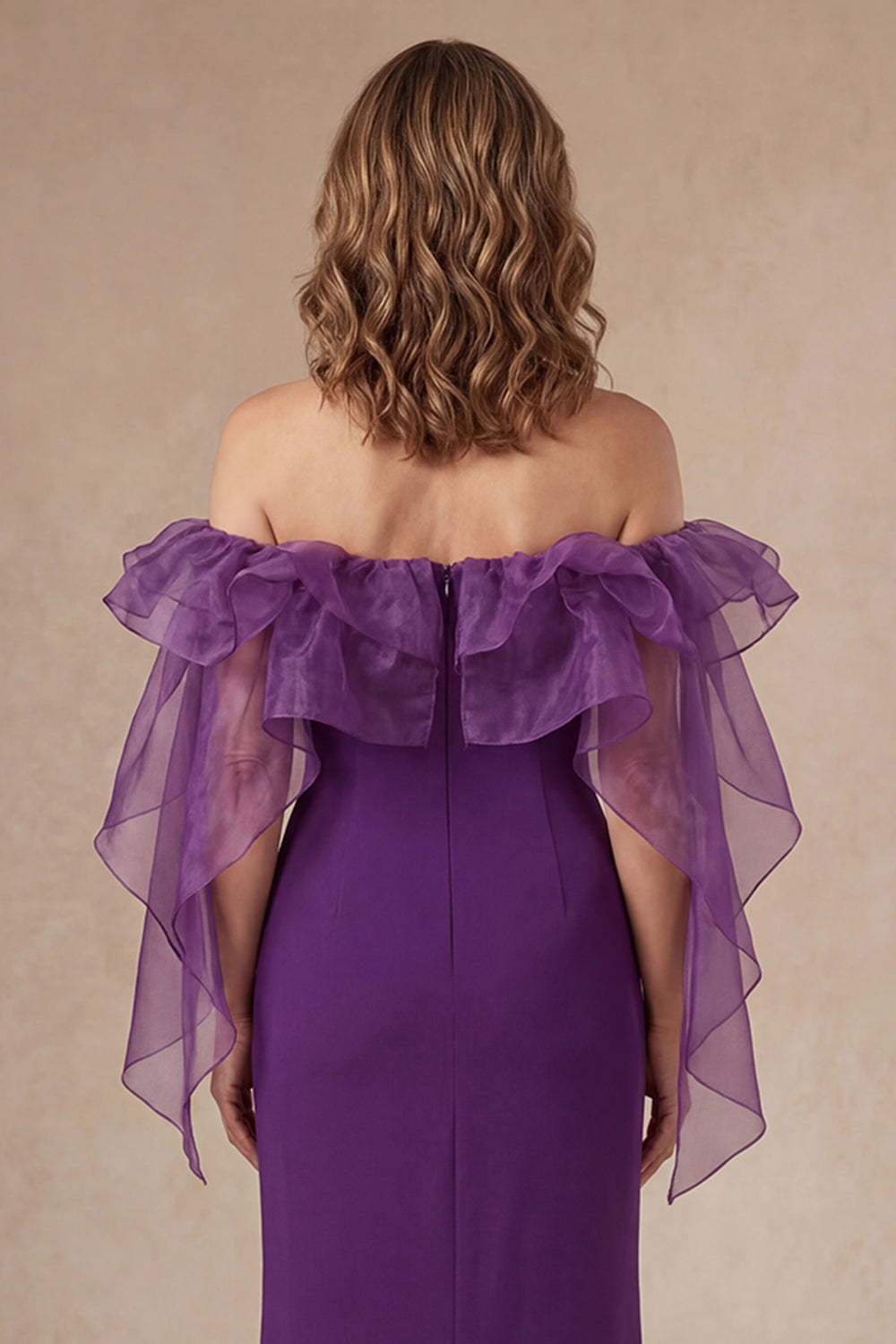 Purple Ruffled Off the Shoulder Sheath Long Mother of the Bride Dress