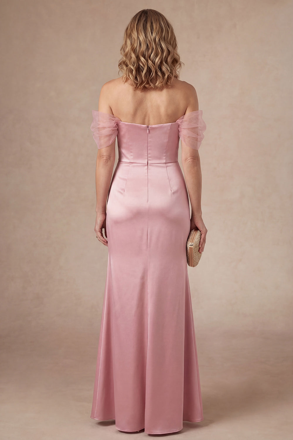 Ruched Pink Off the Shoulder Satin Long Mother of the Bride Dress with Slit